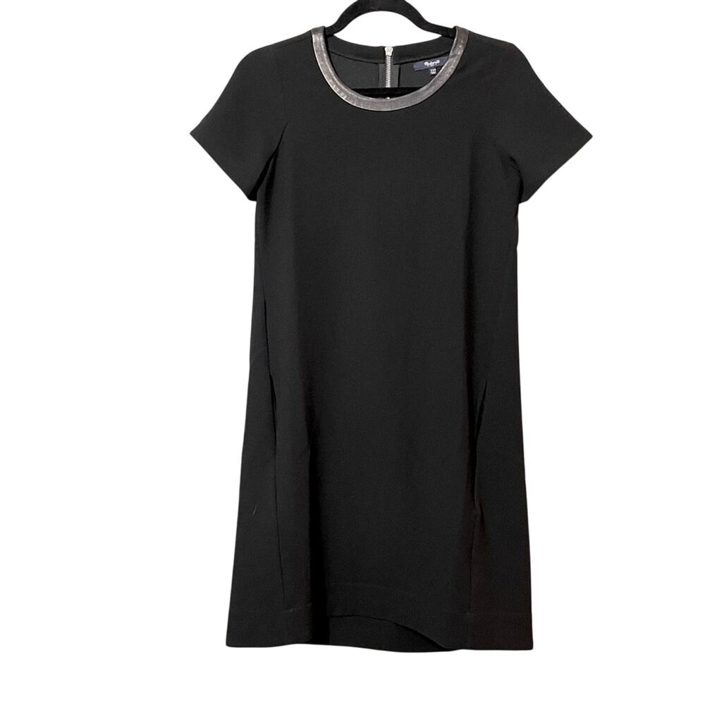 Madewell Black Leather Trim Mini Dress Womens XXS Short Sleeve Dark Academia